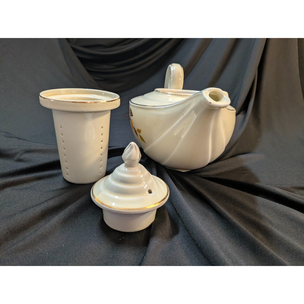 Vintage Hall China Autumn Leaf Aladdin Teapot Jewel Tea 3 Pc Set Lid Infuser - Picture 8 of 11